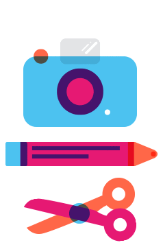 An image of a camera, a pencil and a pair of scissors. This image is surrounded by different coloured spotlights