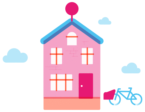 An image of a house with a bicycle riding along it. This image is surrounded by different coloured spotlights