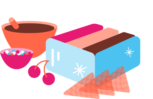 An illustration of the neapolitan icecream being scooped up. Cones and ice-cream toppings surround it
